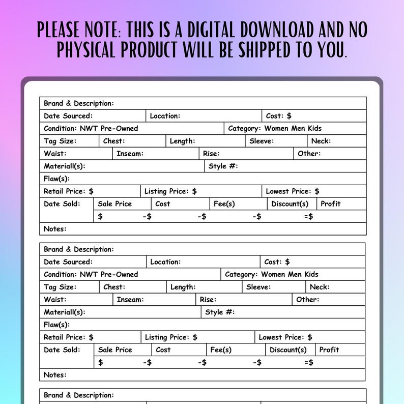 Op de afbeelding: Digitale download template met velden voor kledingdetails. Bevat secties voor merk, maat en prijs. De tekst bovenaan luidt: "LET OP: DIT IS EEN DIGITALE DOWNLOAD EN ER WORDEN GEEN FYSIEKE PRODUCTEN NAAR U VERZONDEN."