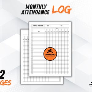 Monthly Attendance log, Daily Attendance Record, Absence Tracker Log for Employers, Monthly Attendance Sheet