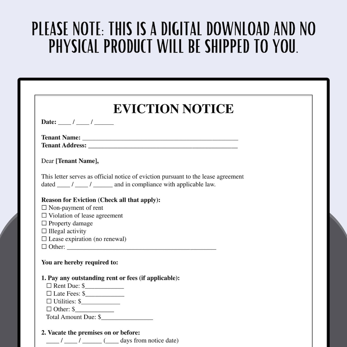 Eviction Notice Template Printable | Notice to Vacate Form | Landlord ...