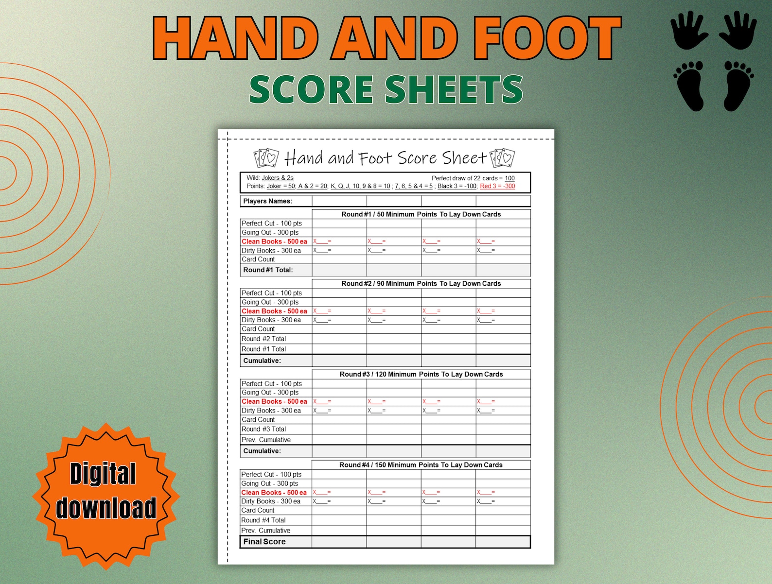 Hand and Foot Score Sheet, Hand and Foot Rules, Printable Hand and Foot