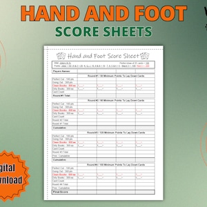Hand And Foot Score Sheet, Hand and Foot Rules, Printable Hand and Foot Game Score Pad, Printable file, PDF Download 8.5x11