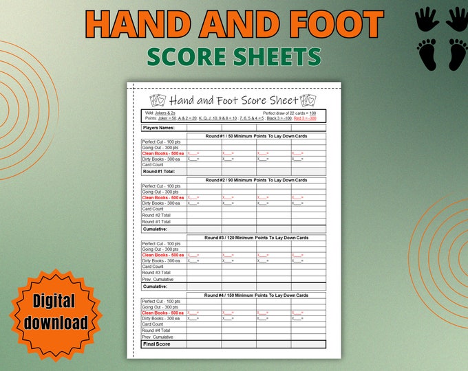 Hand and Foot Score Sheet Printable Card Game Score Pad, Canasta Score