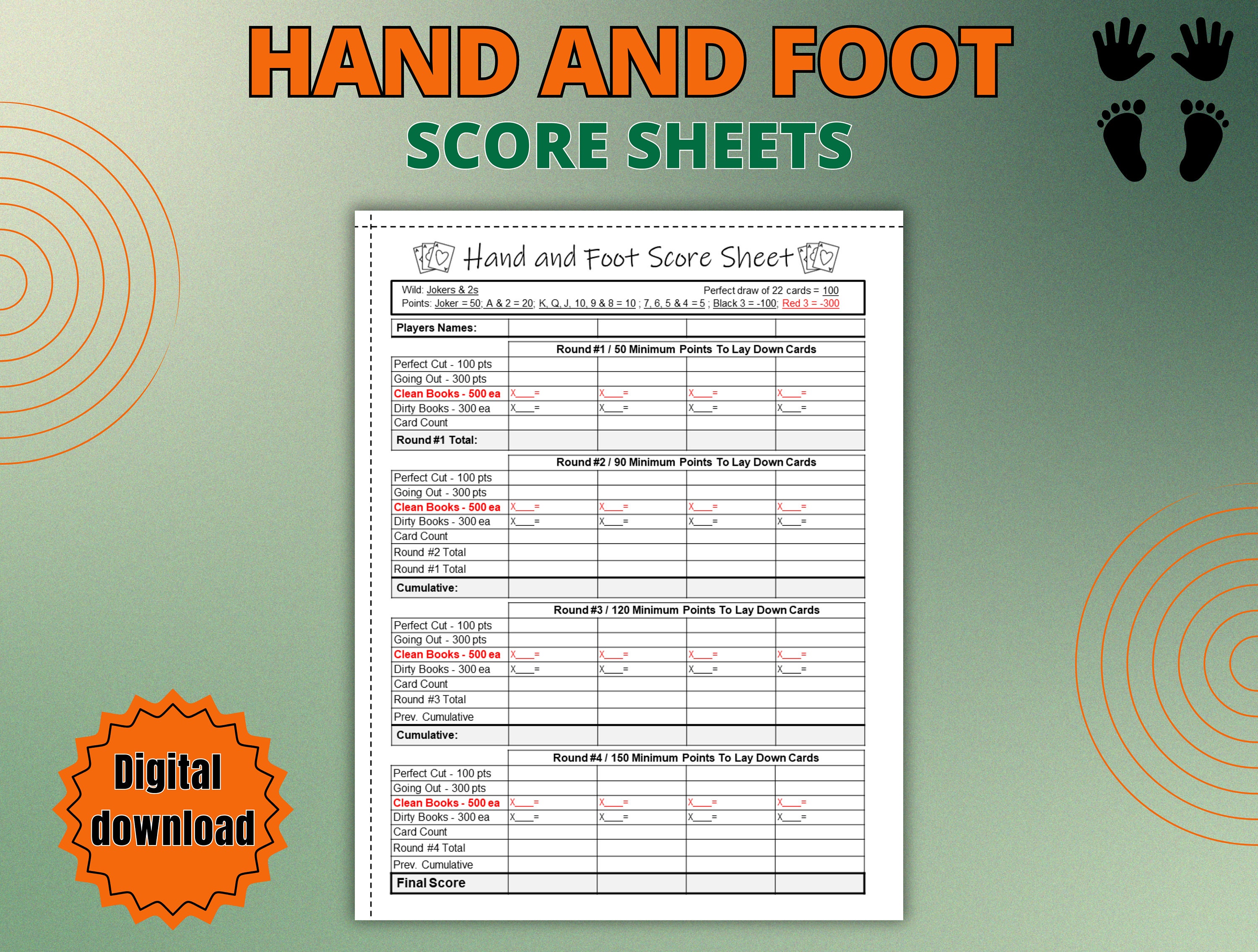 hand and foot score sheet, hand and foot rules, printable hand and