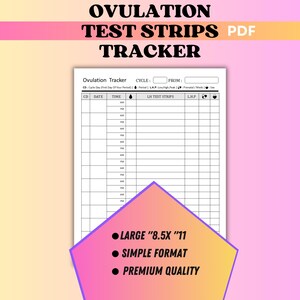 Op de afbeelding: Een afdrukbare ovulatieteststrip-tracker in PDF-formaat. De tracker is ontworpen voor gebruik met ovulatieteststrips en bevat kolommen voor cyclusdag, datum, tijd, teststripresultaten en andere relevante informatie. De tracker is groot, 8,5 inch bij 11 inch, en heeft een eenvoudig formaat. Hij is in zwart-wit gedrukt op een witte achtergrond.