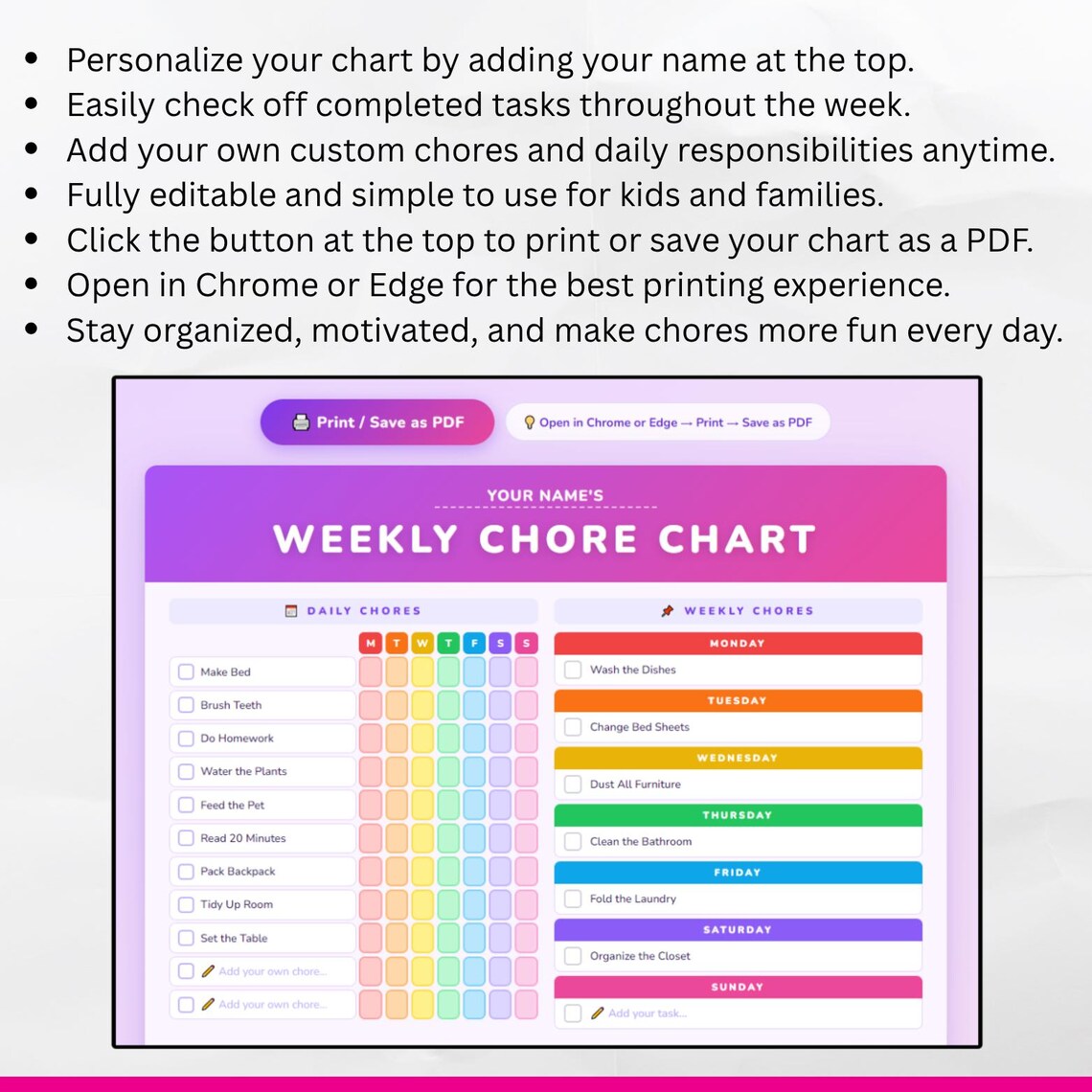 Editable Chore Chart Kids Teens Tweens | Daily Weekly Responsibility ...