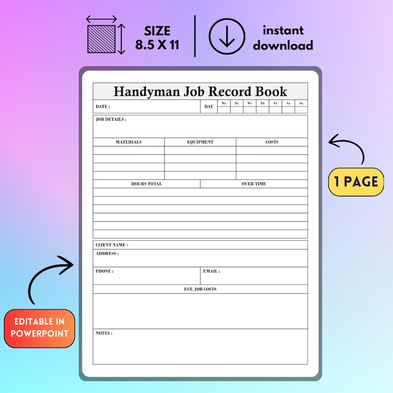 Handyman Job Record Printable, Construction Daily Log Template, Project ...