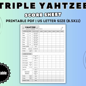 Triple Yahtzee Score Sheets, Yahtzee Score Card, Yahtzee Score Pad, dice game card, Printable Yahtzee