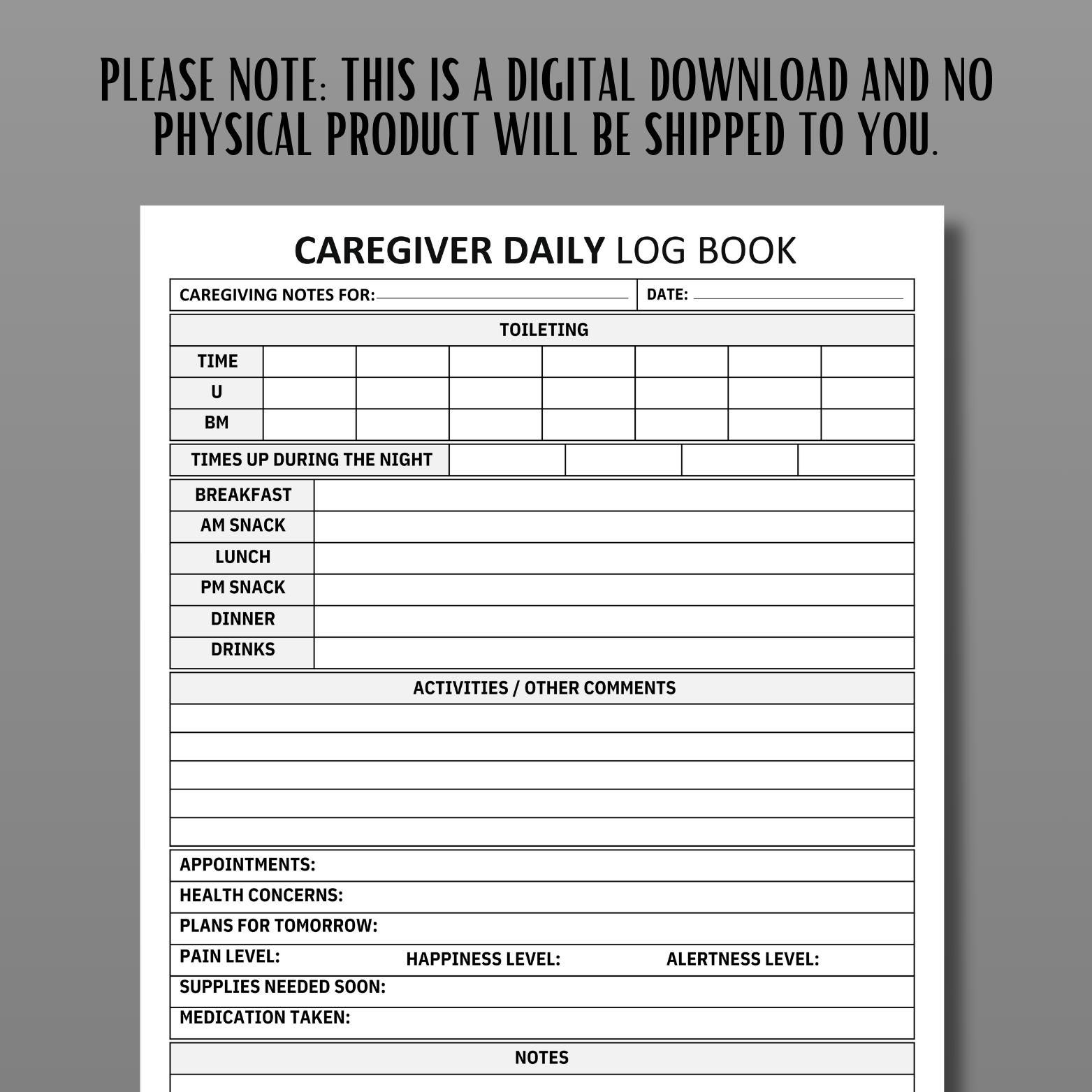 Printable Caregiver Daily Log: Senior Care Checklist (PDF, PNG) - Etsy