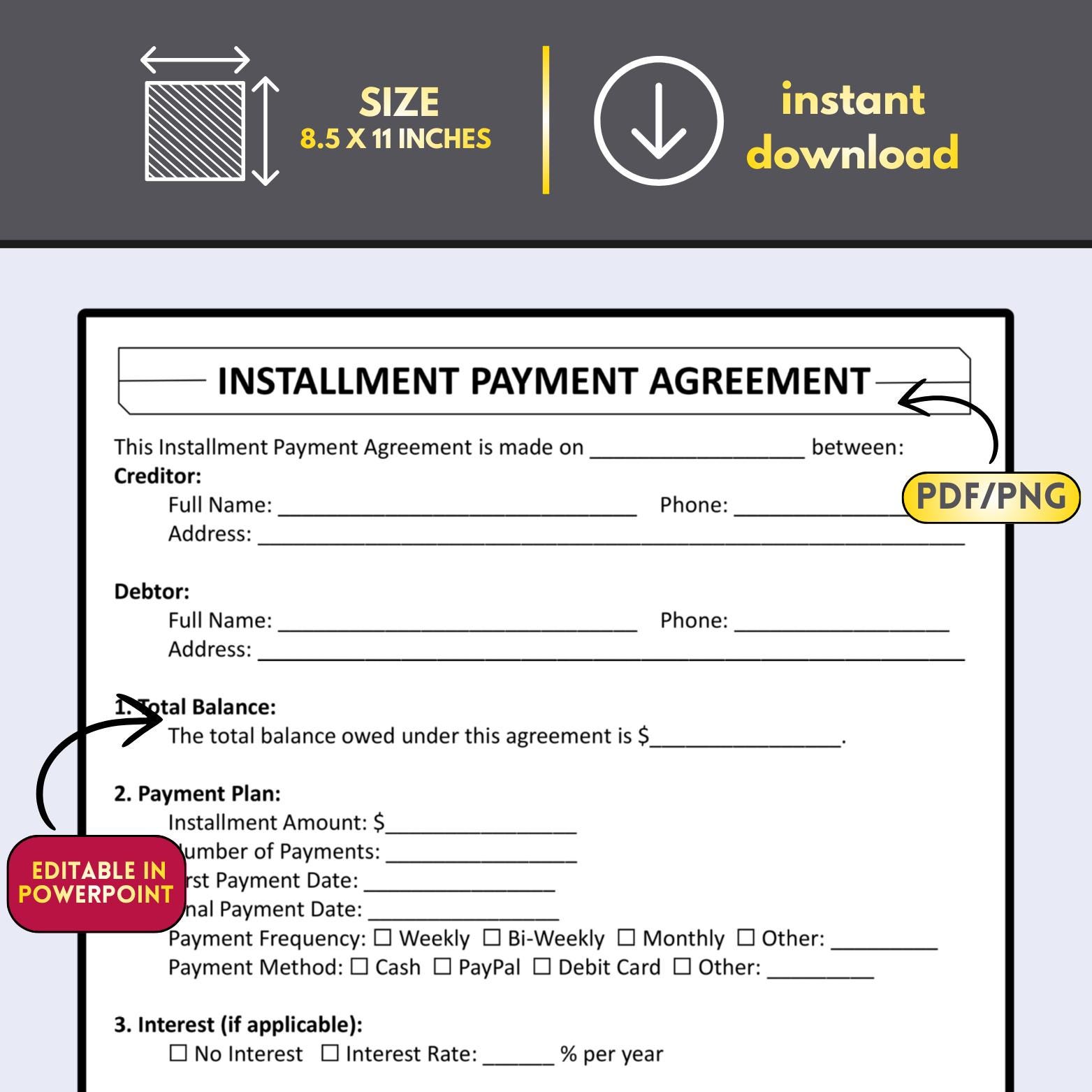 Printable Installment Payment Agreement Template, Loan Contract Form ...