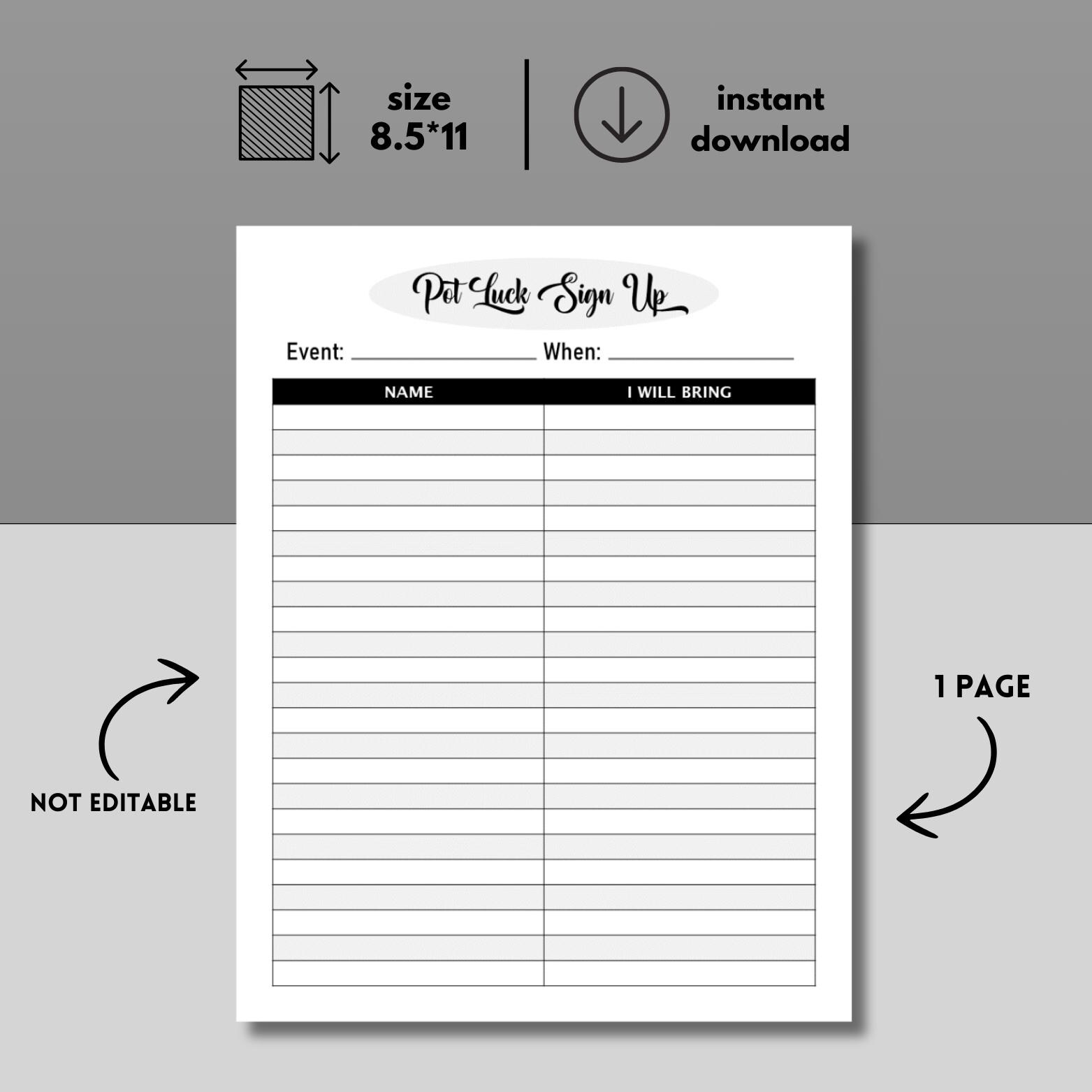 Potluck Sign-up Sheet Template, Minimalist Printable Potluck Sign-up ...