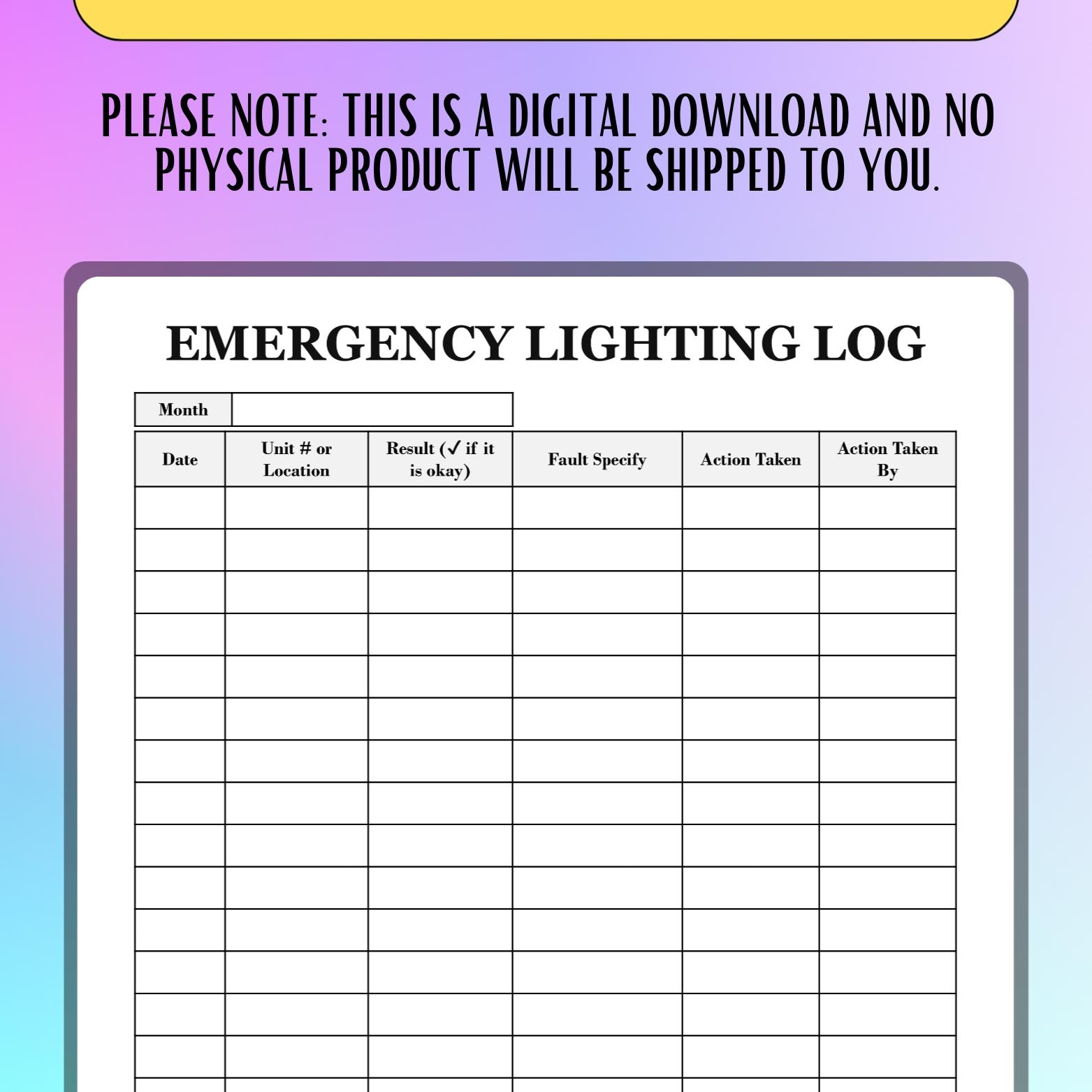Emergency Lighting Log, Inspection & Maintenance Record Sheet, Safety ...