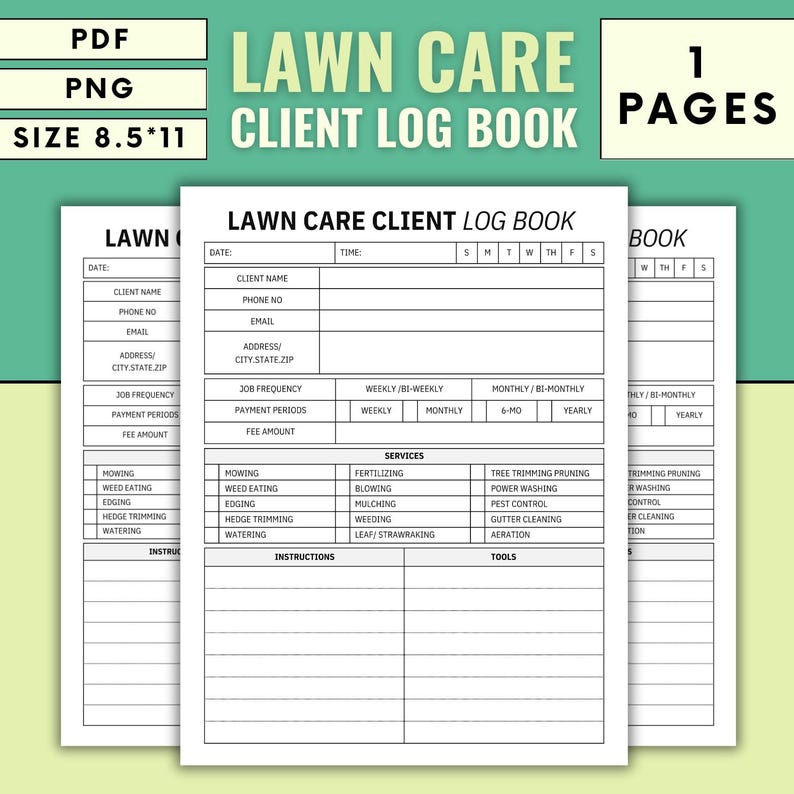 May include: A Lawn Care Client Log Book with a green and white design. The book includes sections for client information, job details, and service records. The size is 8.5 x 11 inches.