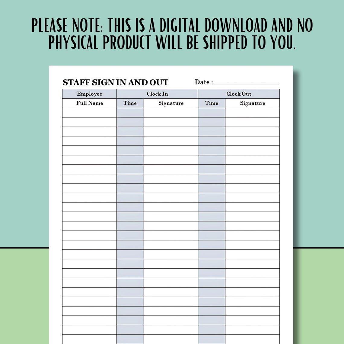 Employee Sign In/out Sheet: Printable Staff Attendance Template (PDF ...