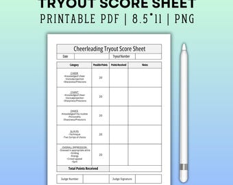 Cheerleading Tryout Score Sheet, Cheer evaluation sheets, Cheerleader Paperwork, Cheer Coach Form,tryout scoresheet