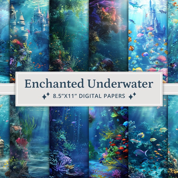 30 Enchanted Underwater Digital Papers, Printable Digital Paper, Under the Sea Background, Nature Ocean Landscape Backdrop