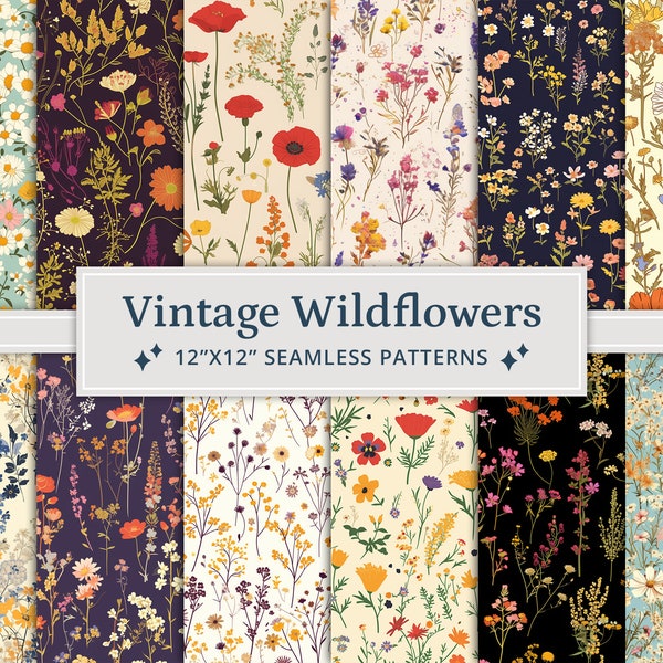 24 vintage wilde bloemen naadloze digitale papieren, wilde bloemen naadloos patroon, afdrukbare wilde bloemen digitale papieren, wilde bloemenpapier