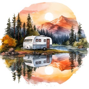 18 clipart de trailer de acampamento em aquarela, lago, montanha, JPGs de alta qualidade, acampamento, para impressão, download digital, artesanato em papel, diários de lixo