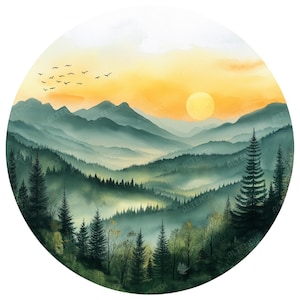 17 PNG Round Watercolor Spring Mountain Landscape Clipart, Spring Scene PNG, Spring Clipart, Spring Background Clipart, Mountain Landscape