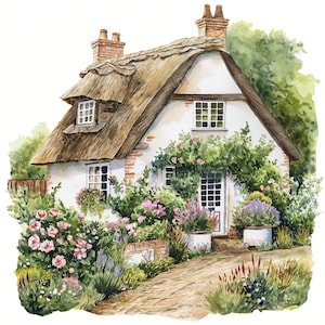 22 Watercolor English Cottages Clipart, High Quality JPGs, Cozy House, Cottage with Garden, Cottage with Flowers, Country House