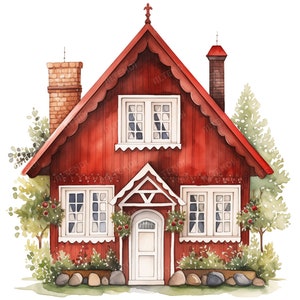 20 Clipart di cottage scandinavi stravaganti ad acquerello, cottage scandinavi rossi, case nordiche rosse, case rosse Falu, JPG di alta qualità