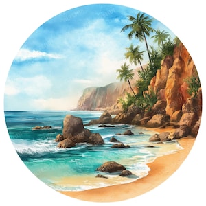 20 PNG Clipart di paesaggi estivi tropicali ad acquerello rotondi, scena estiva PNG, estate, fiori, paesaggio estivo PNG, mare, oceano, isola