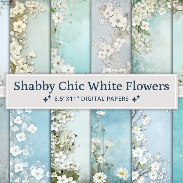 38 Shabby Chic Witte Bloemen Junk Journal Paper Pack, Vintage Ephemera Kit, Romantisch Scrapbook Papier, Afdrukbare Floral Digitale Pagina's
