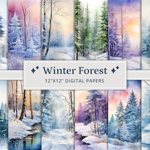 40 Watercolor Winter Forest Digital Paper, Winter Woodland, Winter Forest Landscapes, Snowy Forest, Forest Creek, Winter Wonderland