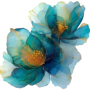 May include: Watercolor illustration of two large, stylized flowers in shades of teal, turquoise, and gold. The petals have a translucent quality with gold vein-like details. The flowers are set against a white background.