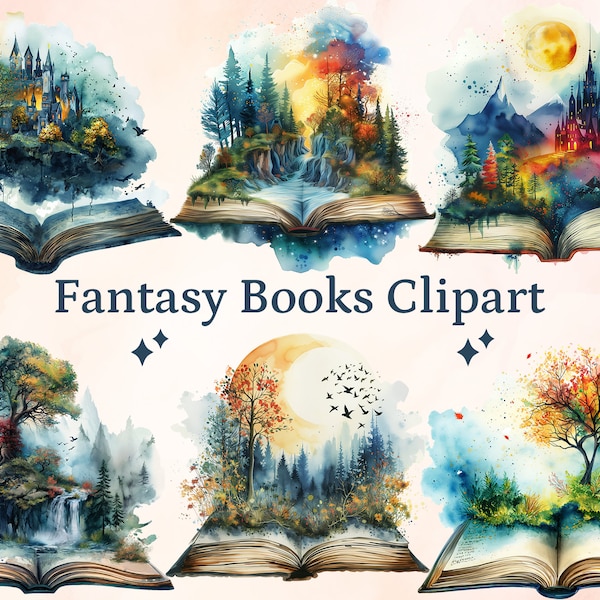 30 PNG aquarel Fantasy boeken clipart, open boek illustraties, boek bundel PNG, vintage boek clipart, oude boeken, magische boeken clipart