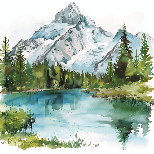 20 aquarel berg- en meerlandschappen clipart, hoogwaardige JPG's, berg clipart, bos clipart, lake clipart, vredige berg