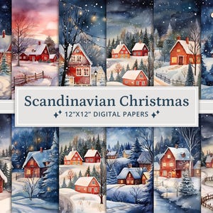 25 carte digitali per la notte di Natale scandinava ad acquerello, pagine della notte di Natale, diario spazzatura, scrapbooking, creazione di biglietti