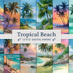 38 carte digitali con acquerelli tropicali estivi, spiagge estive, spiaggia, estate, mare, oceano, tropicale, isola, palme, natura