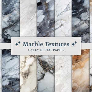Puede incluir: Un conjunto de 12 diseños de papel digital con diferentes texturas de mármol en tonos blancos, grises y marrones. Cada papel mide 30,5 cm x 30,5 cm.