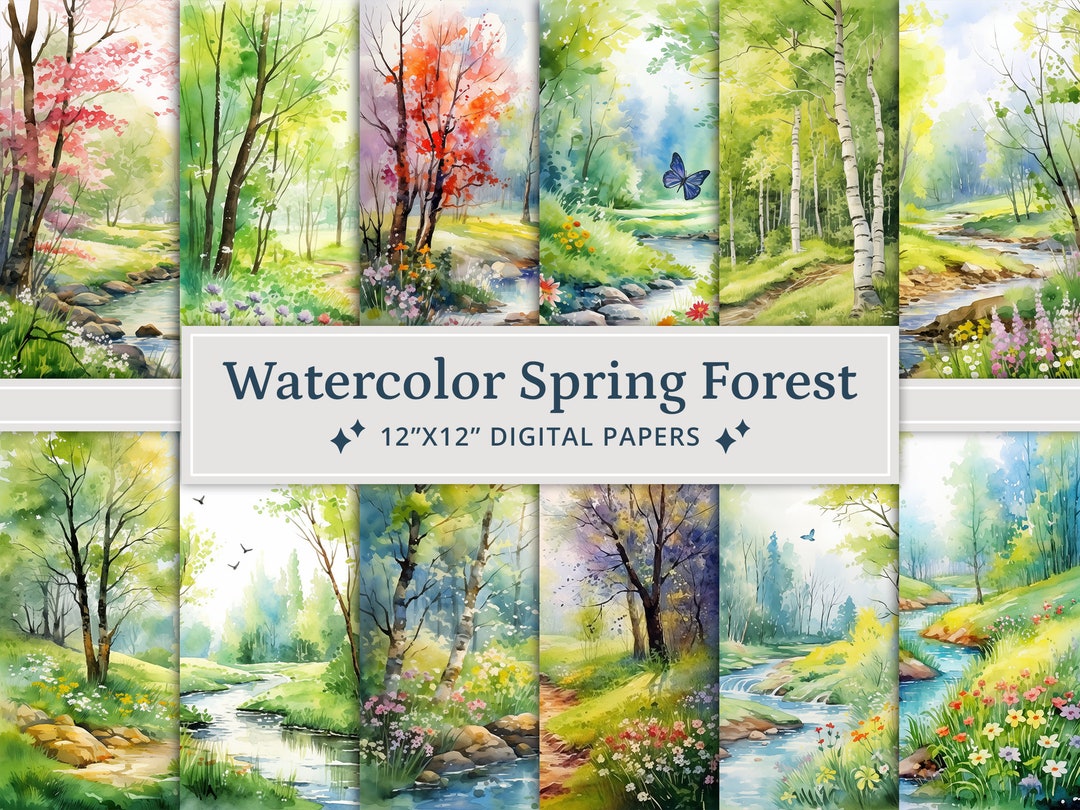 30 Watercolor Spring Forest Digital Papers, Printable Spring Landscapes ...