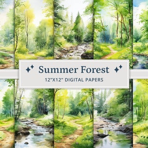 26 Watercolor Summer Forest Digital Papers, Green Forest, Printable Summer Forest Digital Papers, Summer Landscapes