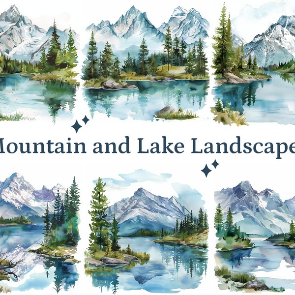 40 Watercolor Mountain and Lake Landscapes Clipart, High-Quality JPGs, Mountain Clipart, Forest Clipart, Lake Clipart, Peaceful Mountain