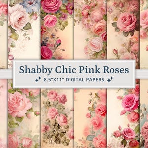 Pacchetto di carta da 27 rose rosa shabby chic per diario spazzatura, kit effimero vintage shabby chic, carta per album romantico, pagine digitali stampabili con rose