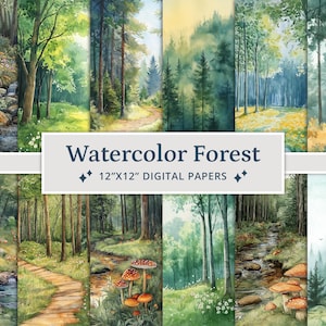 27 papiers numériques aquarelle forêt, paysage forestier à imprimer, scènes de forêt, forêt florale, papier forestier, champignons, ruisseau, fleurs sauvages