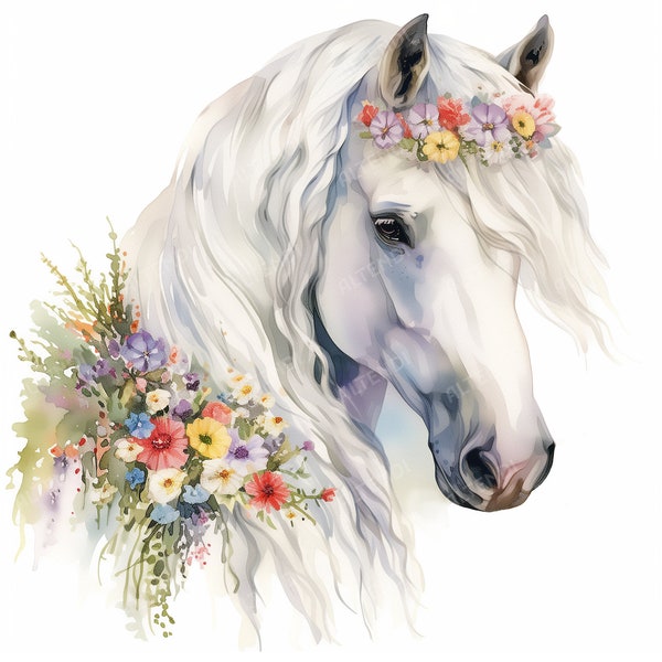 11 bloemenpaarden clipart, paarden versierd met wilde bloemen, hoogwaardige JPG's, afdrukbare aquarel clipart, sublimatie, ongewenste tijdschriften