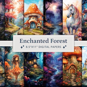 32 papiers numériques fantastiques forêt enchantée, papier numérique forêt magique mystérieuse, cartes Woodland, imprimables, journal indésirable, scrapbooking