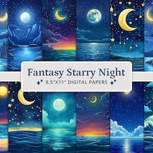 23 Fantasy Starry Night digitale papers, nachtelijke hemel textuur achtergrond, betoverde sterrennacht, plakboekpapier, afdrukbaar plakboekpapier