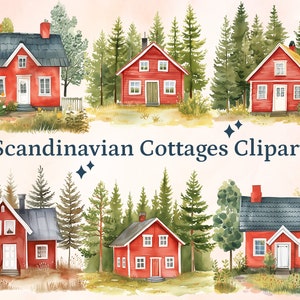 35 PNG Acquerello Scandinavian Cottages Clipart Bundle, Cottage scandinavi rossi, Case nordiche rosse, Case rosse Falu