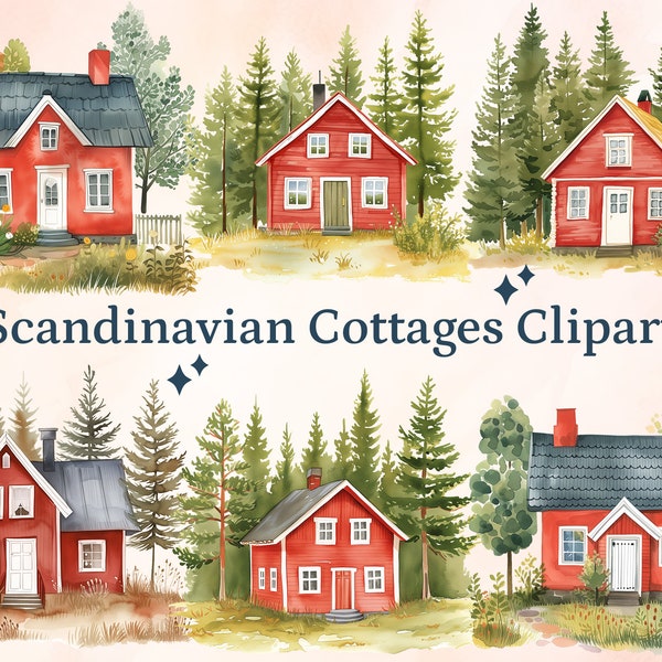 35 PNG aquarel Scandinavische huisjes clipart bundel, rode Scandinavische huisjes, rode Noordse huizen, Falu rode huizen