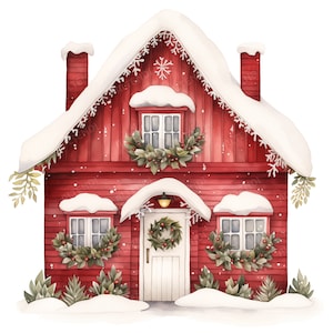 25 Aquarell Winter Skandinavische Hütten Clipart, Rote Skandinavische Häuschen, Rote Nordische Häuser, Falu Rote Häuser, hochwertige JPGs