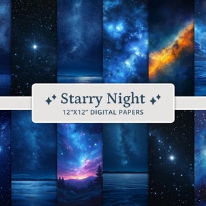 34 Sterrennacht digitale papers, textuur achtergrond nachtelijke hemel, Galaxy plakboekpapier, afdrukbaar plakboekpapier, aquarel Sterrennacht