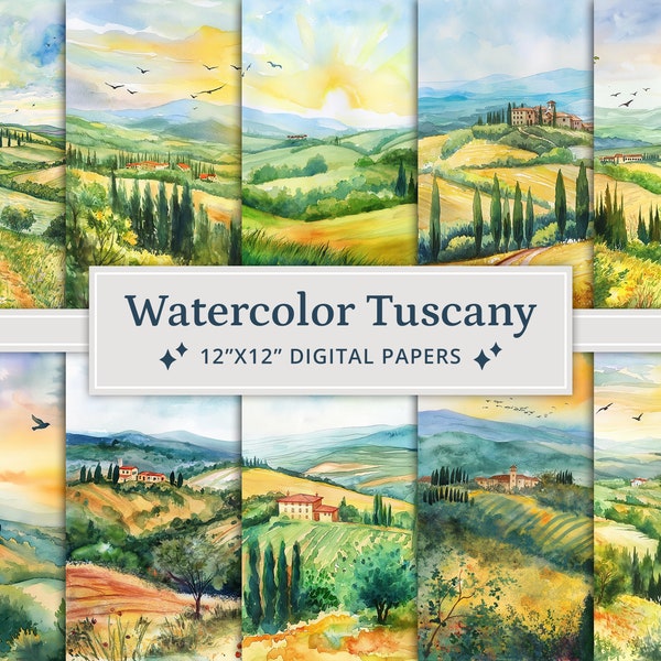 27 Watercolor Tuscany Digital Papers, Tuscany Italy, Printable Digital Papers, Printable Scenery, Hills Landscape, Mountains Landscape