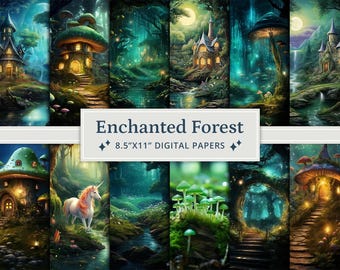 Może przedstawiać: Zestaw 8,5" x 11" cyfrowych papierów z fantazyjnymi ilustracjami zaczarowanych lasów z błyszczącymi grzybami, domkami wróżek i magicznymi stworzeniami. Papiery idealnie nadają się do scrapbookingu, tworzenia kartek i innych kreatywnych projektów.