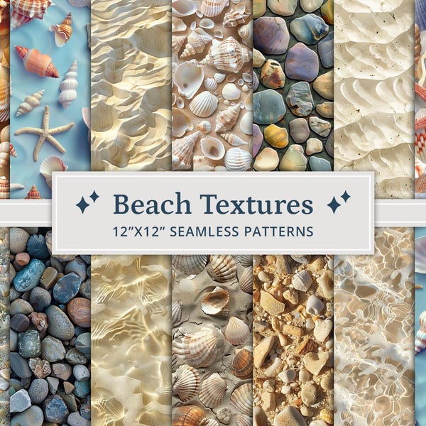 28 Beach Textures Seamless Digital Papers, Sand Texture, Pebbles Texture, Seashells Texture, Sea Ocean Pattern, Beach Seamless Patterns