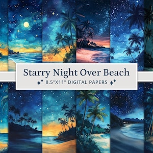 40 papeles digitales de noche estrellada sobre la playa, océano, mar, fondo de textura de cielo nocturno, papel de álbum de recortes de galaxia, papel de álbum de recortes imprimible
