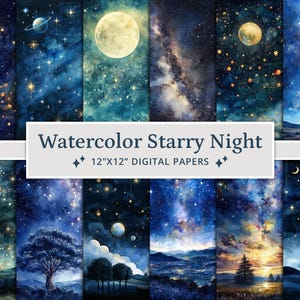 45 aquarel sterrennacht digitale papers, nachtelijke hemel textuur achtergrond, Galaxy plakboek, afdrukbaar plakboekpapier